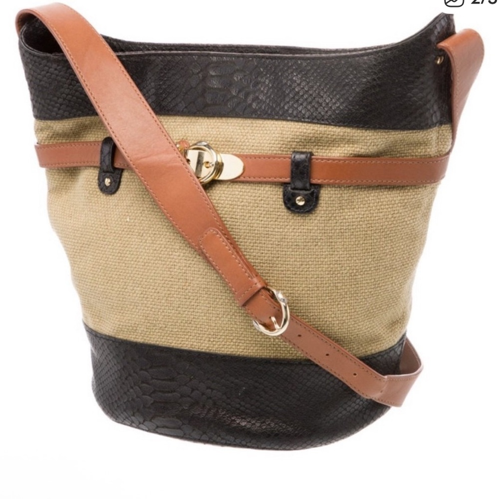 Henri Bendel Black & Brown Snakeskin
Leather & Tan Canvas Bucket Bag
